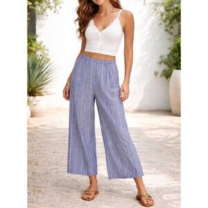 Sweet Magnolia Large Blue Stripe Flare Pants Pull On Viscose Wide Leg Coastal